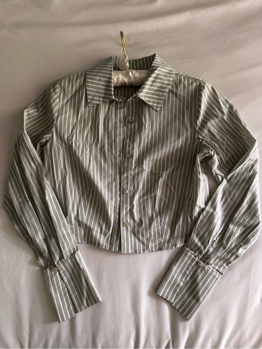 BP XXS Striped Button-Front Crop Shirt - Sage & White